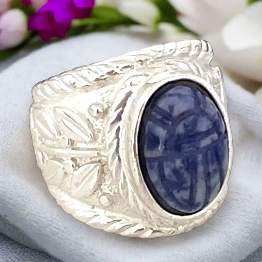 Vintage 1970s Ring Size 6 Egyptian Revival Scarab Blue Stone Gold Plated - 14S